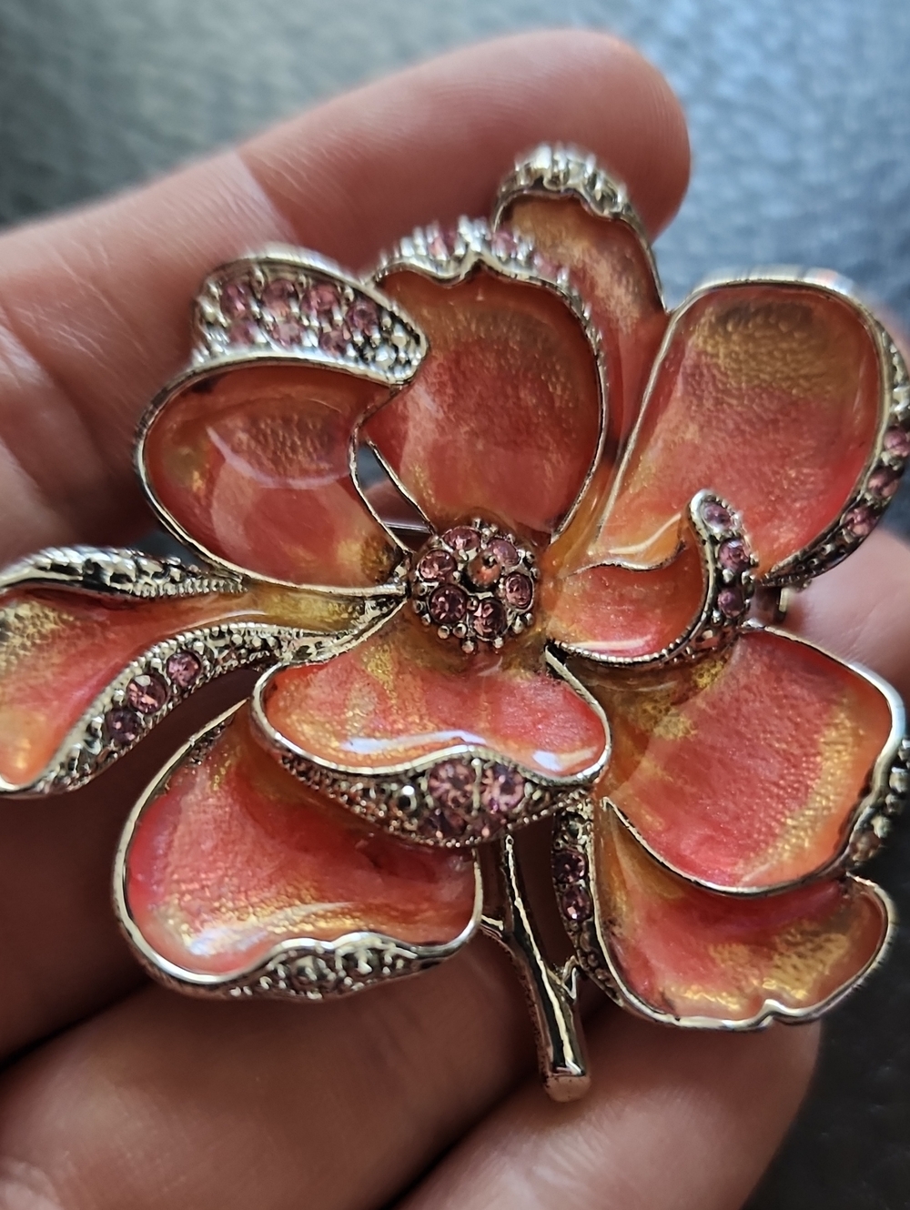 VTG Monet Floral Pink Enamel Crystal Flower Brooch
